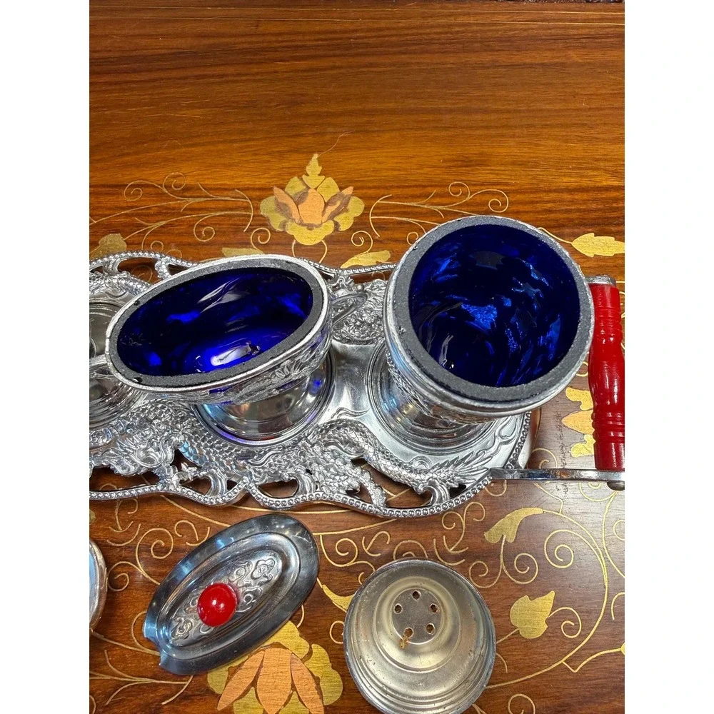 Vintage Japanese Condiment Set • Silver Plate Dragon Motif with Cobalt Glass